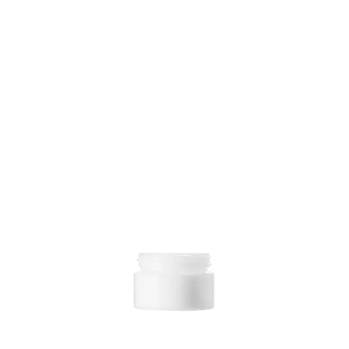 The image shows the Calaso 0.5oz Glass Jar. It is a small, clear glass container with a cylindrical shape and a wide, round opening. The jar is shown without a lid, highlighting its smooth and transparent surface, which allows the contents to be easily visible. The simple and elegant design of the jar makes it suitable for storing various small items, such as cosmetics or samples.