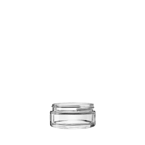 The image shows the Calaso 3.4oz Glass Jar from Glasmeister. It is a small, clear glass jar with a cylindrical shape and a wide mouth, suitable for storing various contents. The jar has a smooth, polished surface and a flat base, providing stability when placed on a flat surface.