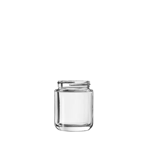 The image displays the Calaso 4.1oz Glass Jar. This jar features a sleek, cylindrical design with a clear, transparent body that allows its contents to be visible. The jar has a wide mouth, making it easy to fill and access. There is no lid shown in the image. The glass has a smooth surface and a polished finish, giving it a clean and elegant appearance.