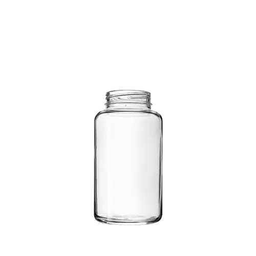 The image shows the Calaso 10.1oz Glass Jar (HF13989-100). It is a clear, cylindrical glass jar with smooth, straight sides and a wide opening at the top. The jar has a sleek and modern design, ideal for storing various contents. The glass is transparent, allowing the contents to be easily visible.