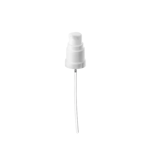 The image displays the Calaso PP Pump DIN18. The product features a white plastic pump mechanism with a sleek, cylindrical body. The pump head is equipped with a nozzle that can be pressed down to dispense liquid. The overall design is minimalistic and functional, suitable for attaching to a bottle with a DIN18 neck finish.