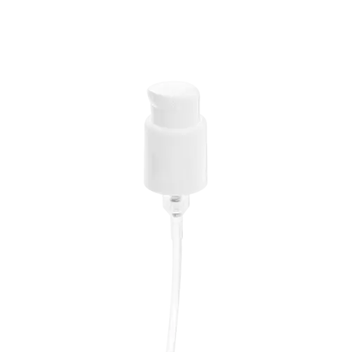 The image shows the Calaso PP Pump 24/410. The product is a white plastic pump dispenser with a sleek, modern design. It features a ribbed closure for easy grip and a long, thin dip tube extending from the bottom. The pump head has a smooth, rounded surface with a small spout for dispensing liquid products, and it appears to be in a locked position. The overall appearance is clean and functional, suitable for a variety of liquid products.