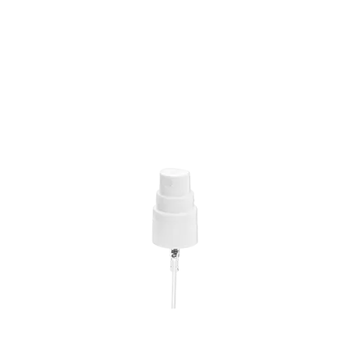 The image shows a Calaso PP Pump 24/410. The pump features a smooth, cylindrical actuator top with a ribbed collar for better grip. It is designed to fit onto containers with a 24/410 neck size. The pump is primarily white, with a sleek and modern design, including a thin dispensing spout. The dip tube is also visible, extending from the pump mechanism downwards, indicating its use for dispensing liquid products.