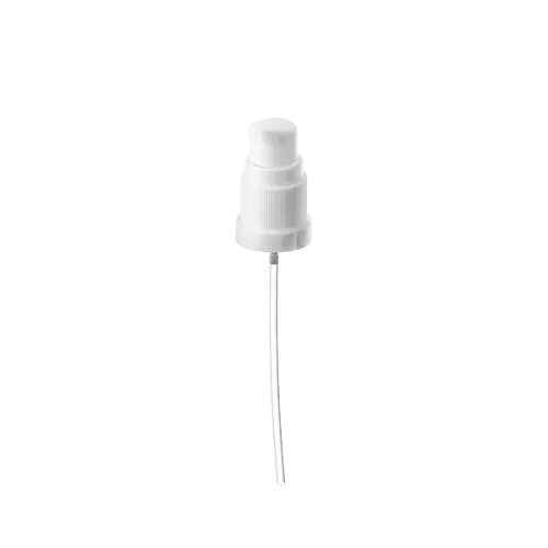 The image shows a Calaso PP Pump DIN18. The pump features a sleek, cylindrical design with a smooth, glossy white finish. It has a long, narrow nozzle extending from the top, designed for precise dispensing. The base of the pump is slightly wider, providing stability when attached to a corresponding bottle. The overall appearance is clean and modern, suitable for various liquid products.