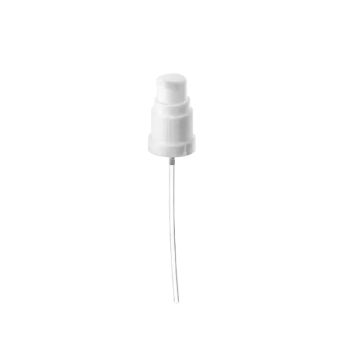 The image shows a Calaso PP Pump 18/415. The pump features a white plastic actuator with a ribbed texture for easy grip and a long, slender dip tube designed to fit into bottles. The pump is designed for dispensing liquids and has a clean, minimalist appearance.