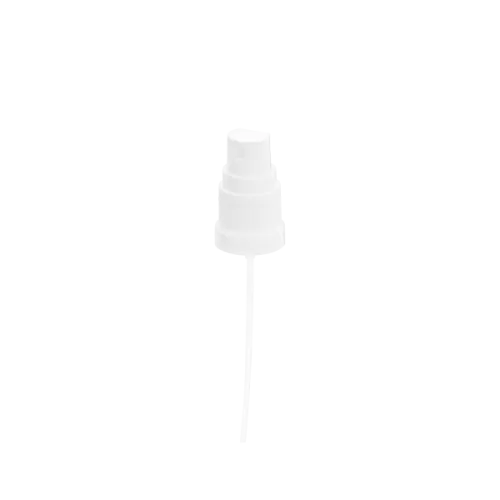 The image shows a Calaso PP Sprayer DIN18. The sprayer has a white plastic body with a slender, cylindrical shape. It features a ribbed actuator for easy grip and a long, thin nozzle for precise spraying. The base of the sprayer is threaded, designed to fit securely onto compatible containers. The overall design is sleek and functional, suitable for various liquid dispensing needs.