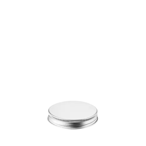 The image shows a silver-colored, circular aluminum cap with a threaded design, identified as the Calaso Aluminum Threaded Closure 58-400. The cap features a smooth, shiny surface with visible threading on the inside, designed for secure attachment to compatible containers. The closure is depicted from an angled perspective, highlighting both the top surface and the inner threading.
