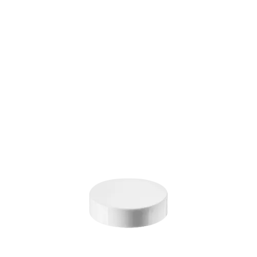 The image shows the Calaso PP Threaded Closure 48 Special. It is a smooth, round, white plastic cap designed for sealing containers. The cap features a threaded interior for secure attachment and a plain exterior surface.