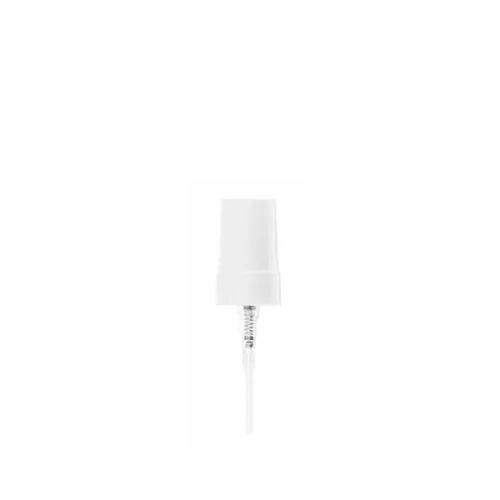 The image features the "Calaso PP Pump 18-400 FPB05A3C007-001." This is a white plastic pump dispenser with a slender, cylindrical neck that fits an 18-400 thread size. The pump has a smooth, rounded actuator top for easy pressing, and a long dip tube extends downward for dispensing liquid from bottles. The overall design is sleek and functional, suitable for dispensing various liquid products.