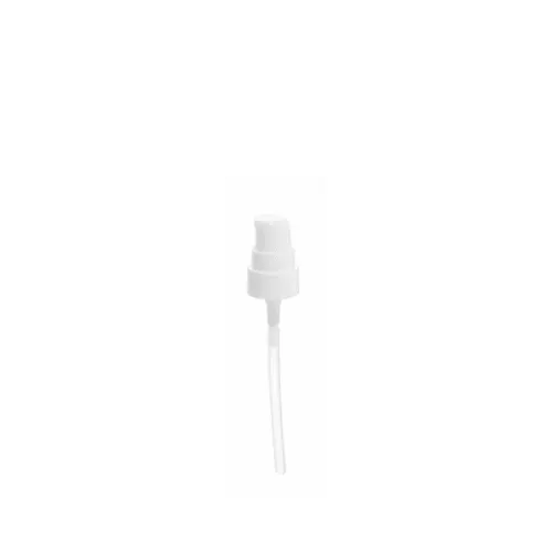 The image shows the Calaso PP Pump 18/400 FPB05A3C004-001. It is a white plastic pump dispenser with a smooth, cylindrical neck and a ribbed collar. The pump features a long, slender nozzle that angles slightly downward to dispense liquid. The overall design is clean and functional, suitable for use with bottles that have an 18/400 neck finish.