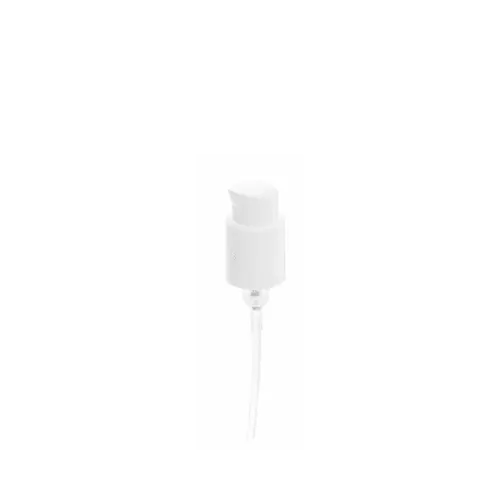The image shows the Calaso PP Pump 24/410 by Glasmeister. The pump is designed for dispensing liquids and features a smooth cylindrical body with a ribbed collar for easy gripping. The actuator on top is flat and wide, allowing for effortless pressing. The pump is predominantly white, with a sleek and functional appearance, suitable for various bottle types.