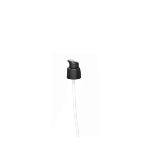 The image shows the "Calaso PP Pump 18-400." This is a plastic pump dispenser designed for bottles. It features a smooth, cylindrical pump head with a ribbed collar for secure attachment to a bottle with an 18-400 neck finish. The pump appears to be made of polypropylene (PP) and is typically used for dispensing liquids such as lotions or soaps. The pump stem is visible, extending downward from the pump head, which is the mechanism that allows the liquid to be dispensed. The overall design is sleek and functional, suitable for various personal care or household products.