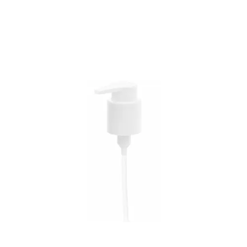 The image shows a "Calaso PP Pump 24/410" dispenser. The pump is white and features a ribbed neck for secure attachment. It has a sleek, cylindrical design with a smooth actuator for easy dispensing of liquids. The dip tube extends from the pump mechanism, designed to reach the bottom of bottles for efficient product use. The overall design is clean and functional.