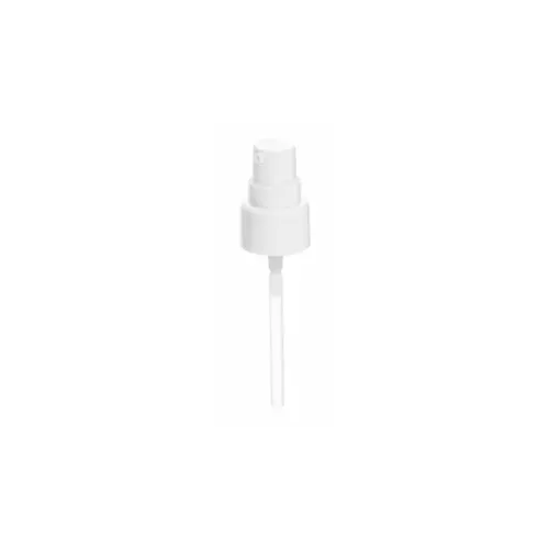 The image displays the Calaso PP Pump 20/410. It is a sleek, cylindrical pump dispenser made of polypropylene (PP) plastic. The pump features a smooth, rounded actuator on top and a ribbed collar for easy grip when twisting it onto a bottle. The nozzle is designed for precise dispensing of liquid products. The overall design is minimalistic and functional, suitable for various liquid dispensing needs.