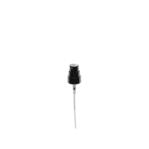 The image depicts the Calaso PP Sprayer 18-400 FPB05A3B003-200. It is a white, plastic spray nozzle with a ribbed collar designed to fit onto a bottle with an 18-400 neck finish. The sprayer includes a clear plastic tube that extends downward, designed to reach the liquid contents of the bottle. The nozzle head has a rounded design for easy pressing, and it features a small opening for dispensing the spray. The overall design is practical and functional for a variety of liquid dispensing needs.