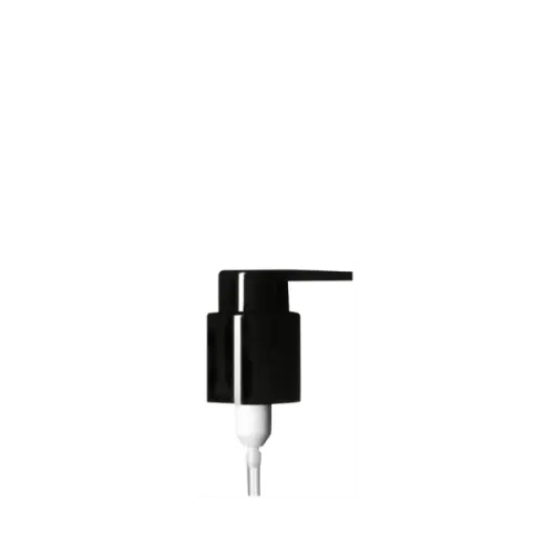 The image shows the Calaso PP Pump 24/410, a plastic dispensing pump with a sleek and functional design. The pump features a ribbed collar for secure attachment to a bottle, and a smooth actuator for easy dispensing. The pump is predominantly white with a clear dip tube extending from the base, designed to reach into the contents of a bottle for efficient dispensing. The overall appearance is clean and utilitarian, suitable for a variety of liquid products.