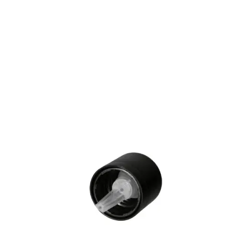 The image shows the Calaso PP Dropper DIN18. It features a black dropper cap attached to a clear glass pipette. The dropper is designed to dispense liquid products in controlled amounts. The black cap has a ribbed texture for easy grip. The glass pipette is straight and transparent, allowing visibility of the liquid inside. The overall design is sleek and functional.