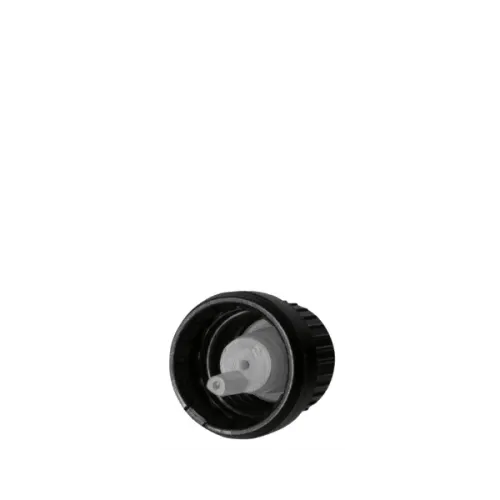 The image shows the Calaso PP Dropper DIN18 with SKU RGB02D2B004-200. It is a sleek, cylindrical dropper bottle with a black cap. The bottle appears to be made of clear glass, allowing the contents to be visible. The dropper cap has a smooth, glossy finish and is designed for precise dispensing of liquids. The overall design is minimalist and functional.