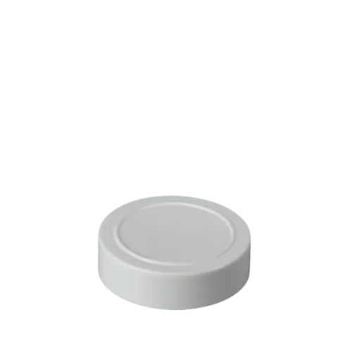 Image of MRP Solutions PP Threaded Closure 63-485. The product is a white, round plastic cap designed for bottles or containers. It features a smooth, flat top surface and threaded sides for secure attachment. The cap has a clean, simple design suitable for various packaging needs.