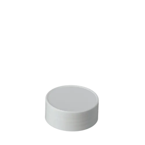 The image depicts the MRP Solutions PP Threaded Closure 53-490 DS053. The closure is a round, white plastic cap with a smooth, flat top surface. The cap features ribbed sides for better grip and ease of opening and closing. The threading inside the cap is designed to securely fit onto compatible containers. The overall design is simple and functional. 