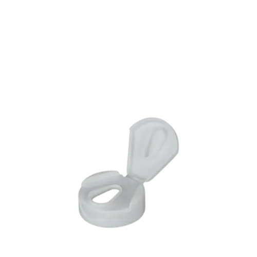 The image shows the MRP Solutions PP Flip Top Cap 38-400. The cap is white and made of polypropylene. It features a smooth, rounded design with a flip-top mechanism. The hinge of the flip-top is visible, indicating it can be easily opened and closed. The cap has threading on the inside, which allows it to securely attach to compatible containers with a 38-400 neck finish.