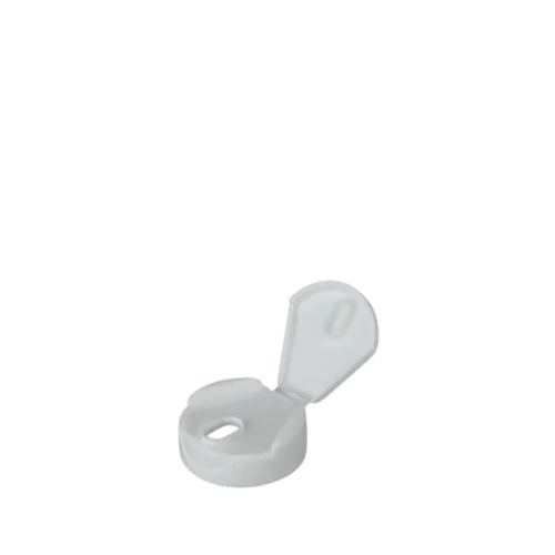 The image shows a white plastic flip-top cap designed for bottles, named "MRP Solutions PP Flip Top Cap 38-400." The cap has a smooth, rounded surface and a circular flip-top lid that can be opened and closed for dispensing the bottle's contents. The cap features a 38-400 neck finish, which indicates it is compatible with bottles that have a 38mm diameter opening and 400 thread turns.