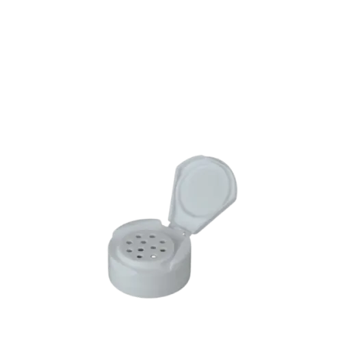 The image shows the MRP Solutions PP Flip Top Cap (43-485). The cap is circular with a smooth, flat top surface and a hinged flip-top opening mechanism. It has a glossy finish and is designed to fit securely onto compatible containers. The cap appears to be made of plastic and features a 43-485 thread size.