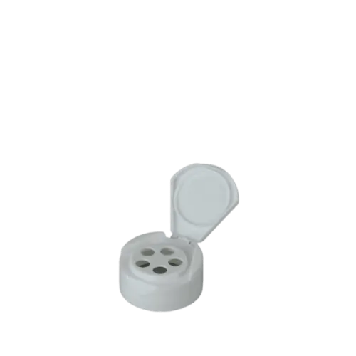 The image shows the MRP Solutions PP Flip Top Cap. It is a round, white plastic cap designed for a 43-485 neck finish. The cap has a smooth surface with a hinge at the back, allowing the top to flip open and closed. The top of the cap features a small, circular recess for easy opening.