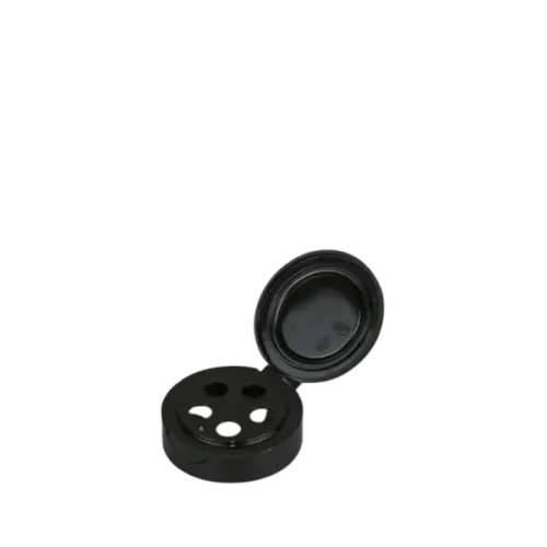 The image features the MRP Solutions PP Flip-Top Cap 43-400. The cap is primarily black and has a smooth, glossy surface. It is designed with a flip-top mechanism for easy opening and closing. The cap appears to have a circular shape with a diameter that fits a 43-400 neck finish. The flip-top is centrally positioned, allowing for convenient dispensing. There are no visible logos or additional markings on the cap. 