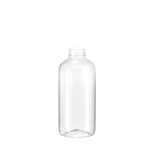 The image features the Resilux 28.0oz PET Bottle. The bottle is transparent, showing its clear, plastic material. It has a cylindrical shape with a smooth surface and a slight taper towards the top, leading to a standard screw cap opening. The bottle appears empty and is standing upright, with light reflections emphasizing its clarity and clean design.