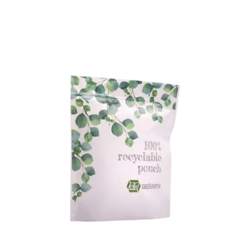 The image shows a paper stand-up pouch with a flat bottom and a resealable zipper at the top. The pouch is primarily white with a simple, clean design. The product name "ELK Packaging 12.0oz Paper Standup Pouch - Recyclable" is printed on the front in bold lettering. The pouch is designed to hold up to 12 ounces of contents. The material appears sturdy and the pouch is structured to stand upright on its own.