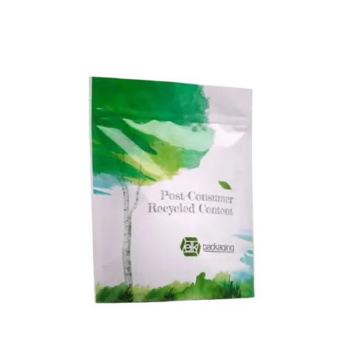 The image features a 14.0oz PE Standup Pouch by Elk Packaging. The pouch is primarily white with a clear front that allows visibility of its contents. The pouch has a resealable zipper at the top for easy opening and closing. The Elk Packaging logo is displayed on the front near the top. The pouch is designed to stand upright on its own, making it convenient for storage and display.