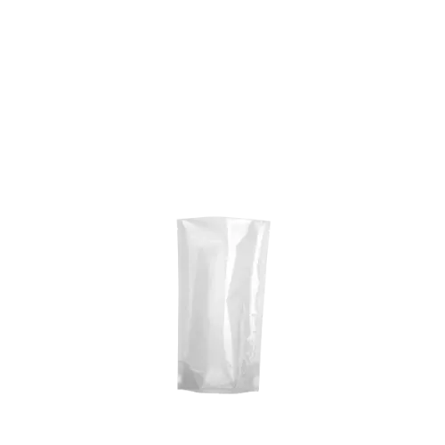 The image shows the Elk Packaging 4.0oz PE Standup Pouch. The pouch is designed with a clear front, allowing the contents inside to be visible. It has a resealable zipper at the top for easy opening and closing, and the bottom of the pouch is gusseted, enabling it to stand upright. The packaging material appears to be smooth and glossy, providing a sleek and modern look.