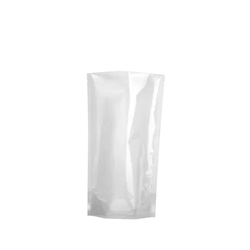 The image features the ELK Packaging 14.0oz PE Standup Pouch. This standup pouch is displayed upright and empty, showcasing its ability to stand on its own. The pouch is primarily white with a clear, semi-transparent front panel that allows for a view of the contents inside when filled. The top of the pouch is sealed, with a resealable zip-lock closure to maintain freshness. The bottom of the pouch has a gusset, enabling it to expand and stand upright. The overall design is simple and functional, focusing on the utility and visibility of the packaged product.