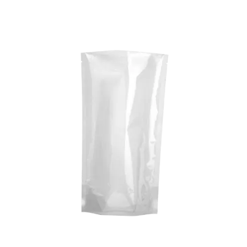 The image shows a 20.0oz PE Standup Pouch from Elk Packaging. The pouch is transparent, allowing the contents inside to be visible. It has a flat, stable base that enables it to stand upright. The top of the pouch is sealed but features a resealable zip-lock closure for easy access and secure storage. The pouch has a smooth, glossy finish and a simple, clean design with no visible branding or text.