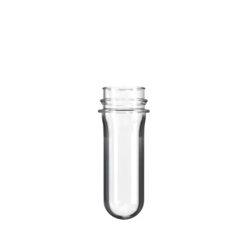 The image displays a transparent blue cylindrical plastic object with a threaded top, known as the Resilux PET Bottle Preform 45gm 38mm DBJ. The preform is shown in an upright position, highlighting its smooth surface and uniform shape, which is designed to be blown into a bottle. The blue tint is even throughout the preform, and the threaded top is clearly defined, indicating where a cap or closure would be attached.