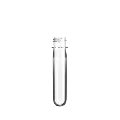 The image features the Resilux PET Bottle Preform 48.1gr DET 28/410. The preform is a clear, slightly tapered cylindrical object with a defined neck and threaded top, designed to be blown into a PET bottle. The material is transparent, allowing a clear view of its smooth surface and precise shape. The neck section has visible threading for easy attachment of a cap.