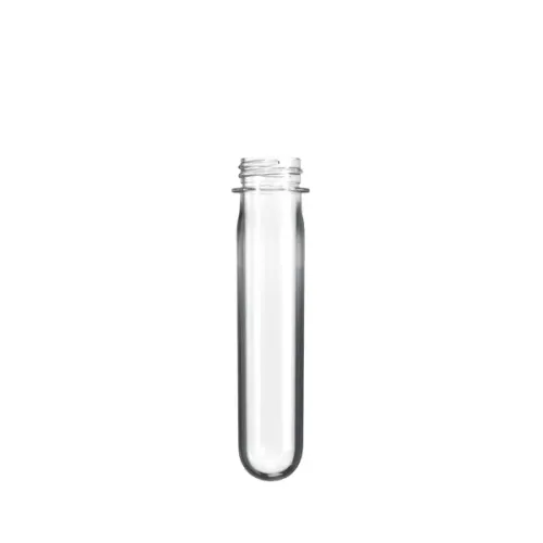 The image shows a transparent, blue-tinted cylindrical object with a tapered, narrower top and a flat, wider base. This object is a Resilux PET Bottle Preform 49gr SPH. The preform is made of plastic and is designed to be molded into a bottle. The overall shape is reminiscent of a test tube with a threaded top, which will form the neck and opening of the bottle once it is expanded.