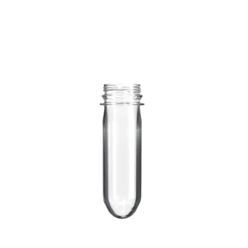 The image shows a Resilux PET Bottle Preform 60gr 38/400 DBJ. The preform is cylindrical with a smooth, transparent body and a threaded neck designed for a secure cap fit. The material appears to be clear PET plastic, giving it a glossy finish. The preform is intended for molding into a finished bottle shape.