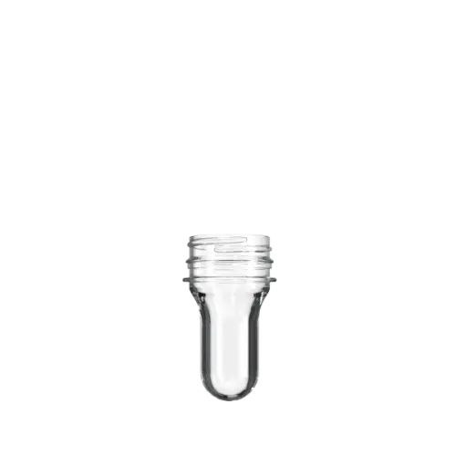 The image shows the Resilux PET Bottle Preform. It is a transparent, cylindrical plastic preform with a blue tint, designed to be molded into a bottle. The preform has a threaded neck, suitable for a 38mm Portola GLA cap, and weighs 25 grams. The background is plain white, highlighting the clear and smooth surface of the preform.