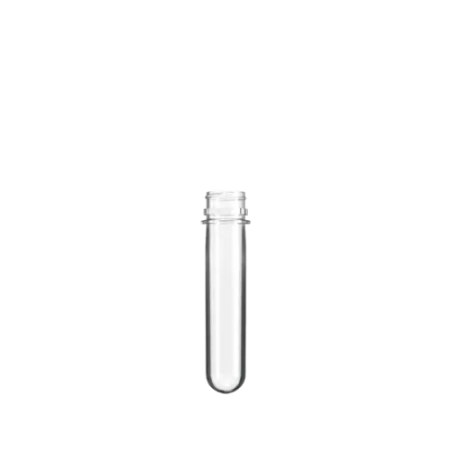 The image shows the Resilux PET Bottle Preform 37.5gr DET 28/400 Ratchet. It features a clear, cylindrical preform with a threaded neck designed for attaching a cap. The preform appears to be made of transparent PET plastic, highlighting its smooth and uniform surface.