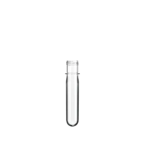 The image shows the Resilux PET Bottle Preform 54.5gr DET 28/415. The preform is a translucent, light blue cylindrical object with a threaded neck, designed for blow molding into a PET bottle. The preform is smooth and consistent in texture, with a thicker base that gradually narrows towards the neck. The threading at the top is visible, indicating where a cap would be screwed on after the bottle is formed. The overall appearance is clean and industrial, intended for use in packaging applications.