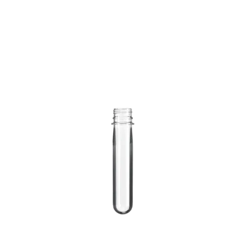 The image shows a Resilux PET Bottle Preform 57.7gr 28 mm Kerr. The preform is clear and cylindrical with a threaded neck, designed to be molded into a PET bottle. It has a smooth surface and a uniform shape, indicating precision in manufacturing. The preform is displayed against a plain white background, highlighting its transparency and details.