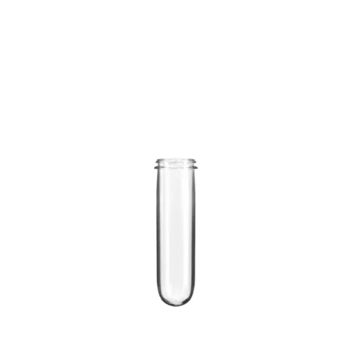 The image displays the Resilux PET Bottle Preform 74gr 28mm Kerr. It is a transparent, blue-tinted cylindrical plastic preform with a threaded neck designed for bottling purposes. The preform has smooth sides and a slightly tapered top that transitions into the threaded neck, which is intended for a 28mm cap. The background of the image is plain white, which helps to clearly showcase the shape and color of the preform.