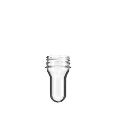 The image shows the Resilux PET Bottle Preform 24gm 38-400. It is a transparent, cylindrical plastic preform with a threaded neck, designed to be inflated into a full-sized bottle. The preform has a smooth surface and a uniform shape, with the threaded neck allowing for a secure cap attachment. The overall appearance is sleek and clear, indicating it is made from PET plastic.