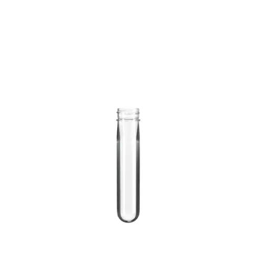 The image shows a clear, cylindrical PET bottle preform with a threaded neck, designed for manufacturing bottles. This preform, identified as the Resilux PET Bottle Preform 42.6gr Cosmo, appears transparent and glossy, demonstrating its smooth surface and precise shape. The preform's structure includes a thicker base that tapers toward the top, which features the screw threads for attaching a bottle cap.