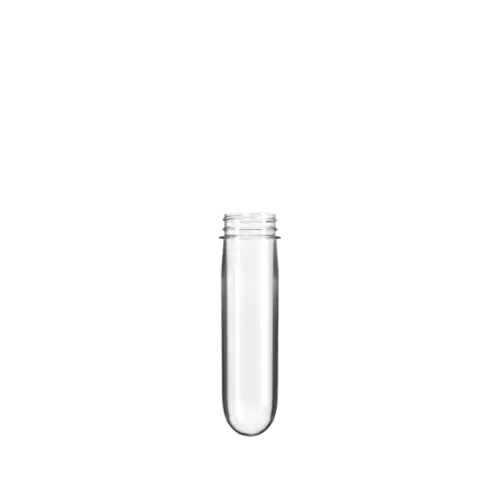 The image displays the Resilux PET Bottle Preform 75gr 42mm Oil. The preform is cylindrical, transparent, and made from PET plastic. It appears to have a uniform, smooth surface with a threaded neck at the top, which is designed for attaching a cap. The color is clear, indicating that the material is uncolored or lightly tinted. The preform is intended for blow molding into a larger bottle shape. The background of the image is plain white, which helps to highlight the details of the preform. 