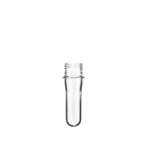 The image shows a clear, cylindrical plastic object known as the Resilux PET Bottle Preform 17.2gm PCO. The preform tapers slightly towards the top and has a threaded neck designed for attaching a bottle cap. It appears transparent and smooth, with a consistent thickness throughout its body. The preform is positioned against a plain white background, allowing for a clear view of its shape and features.