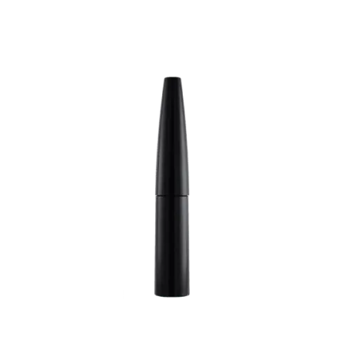 The image displays the SIMEX 0.3oz ABS Mascara Tube MA014. This product is a sleek and modern mascara tube made from ABS plastic. The tube is cylindrical with a smooth, glossy black finish. The cap is slightly tapered and matches the body in color and texture, creating a uniform and stylish appearance. The overall design is minimalistic and elegant, suitable for cosmetic packaging.