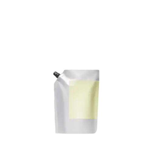 The image shows the Identipak 2.0oz PE Pouch Spouted Refill Pouch (60ml). The pouch is a small, flexible container made of polyethylene, designed for holding liquids. It features a spout at the top for easy pouring and resealing. The pouch is primarily white with a transparent section that likely allows the user to see the contents inside. The overall design is simple and functional, aimed at convenient storage and use of liquid products.